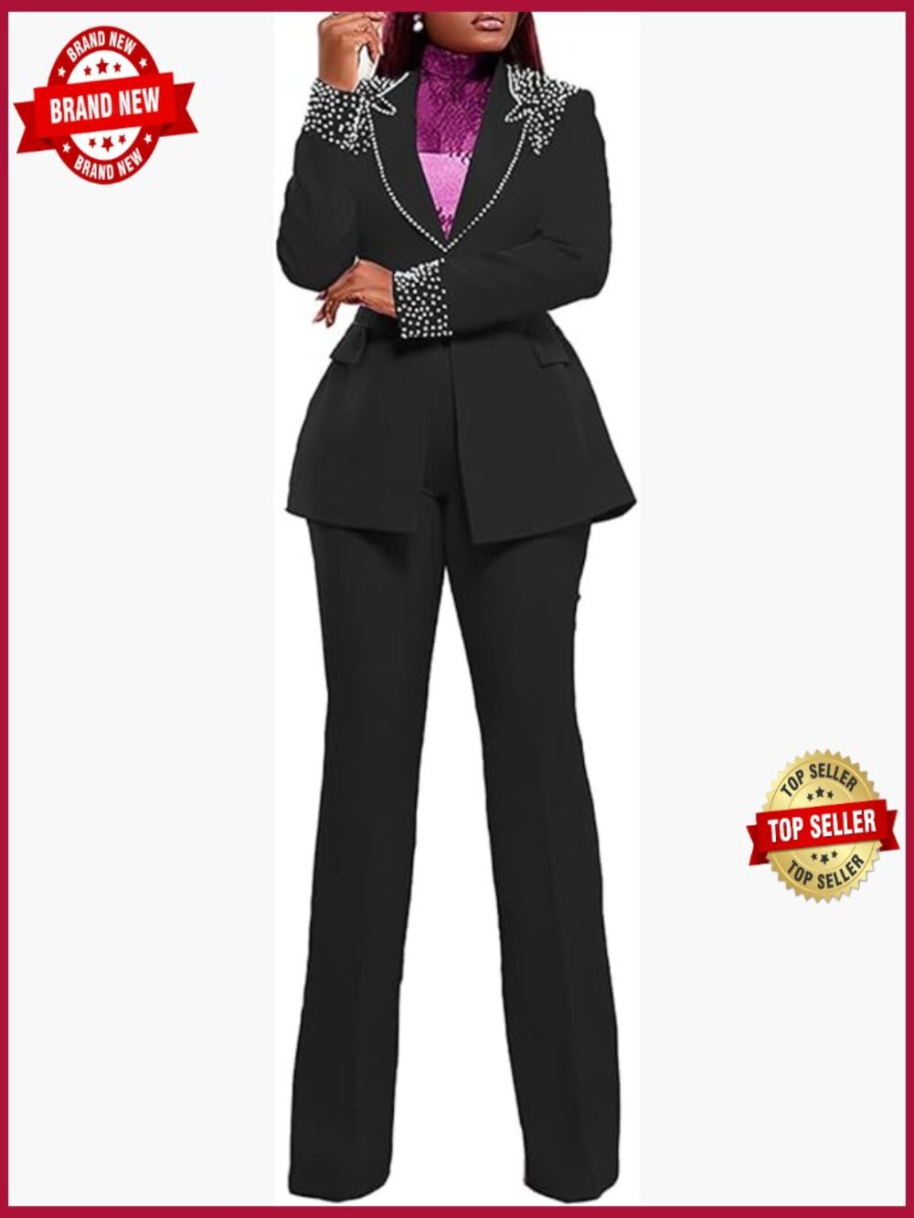2 Piece Blazer and Pants Set Business Suit Slim Fit Long Sleeve Office Outfit